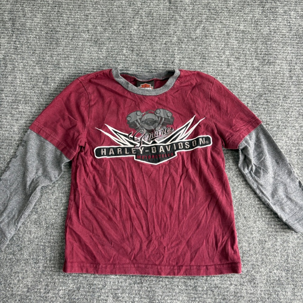 Harley-Davidson Kids Maroon Gray Long Sleeve Graphic T-Shirt Size 6 4381574 2013